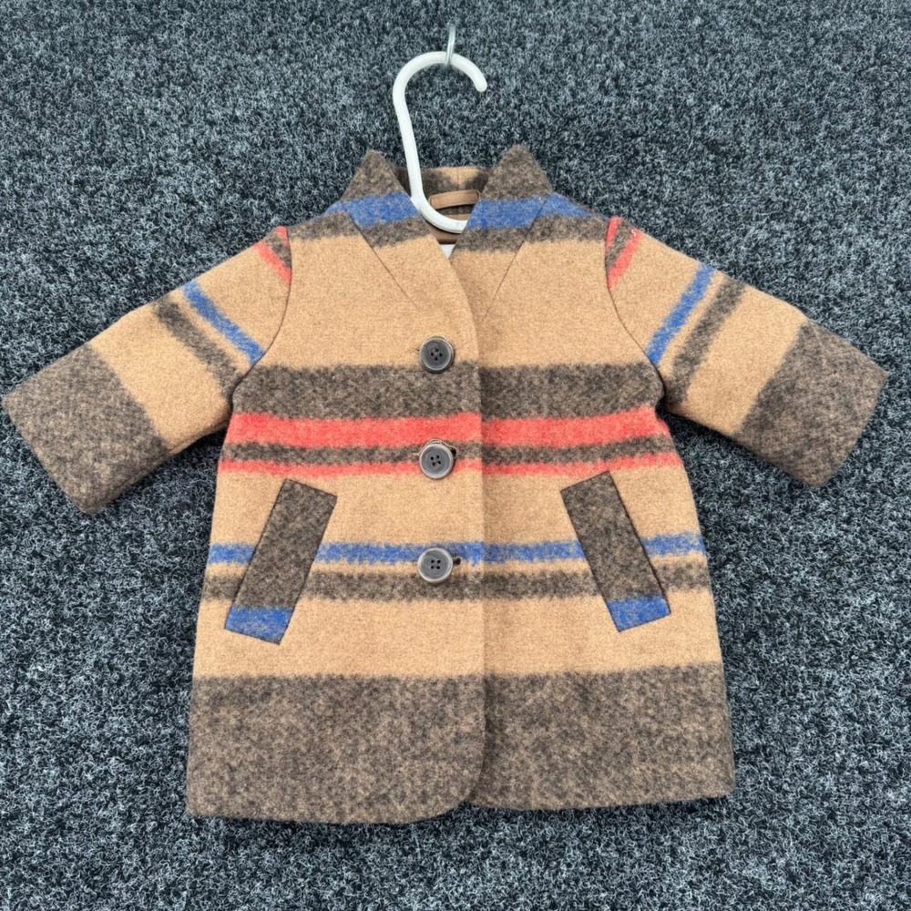 Banana Republic Baby Striped Wool Blend Coat Tan Brown Blue Red 0-3 Months
